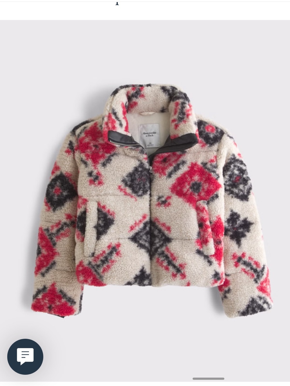 Abercrombie & Fitch Sherpa Geo Print Short Puffer Jacket in Cream, Red & Black